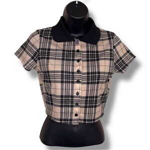 Small Juniors Faded Rose Plaid Crop Top Academia Preppy Beige Black Stretch